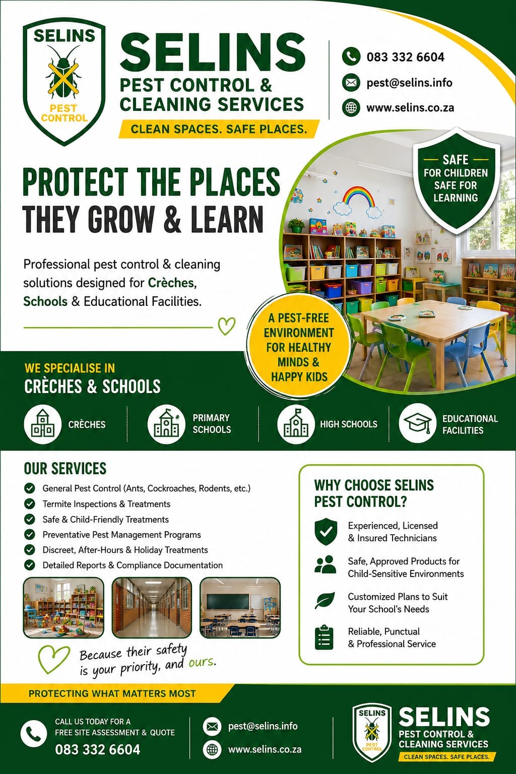 Selins pest control and cleaning services for creches and schools